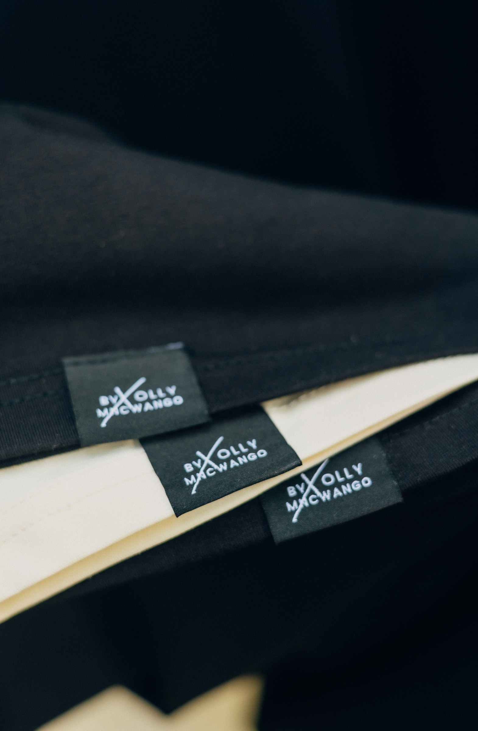 Close detail of labels on the supplied apparel collection