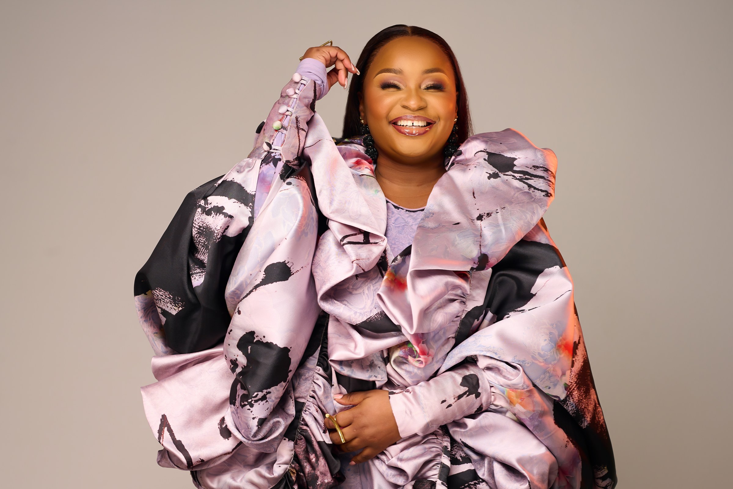 Xolly in architectural patterned couture